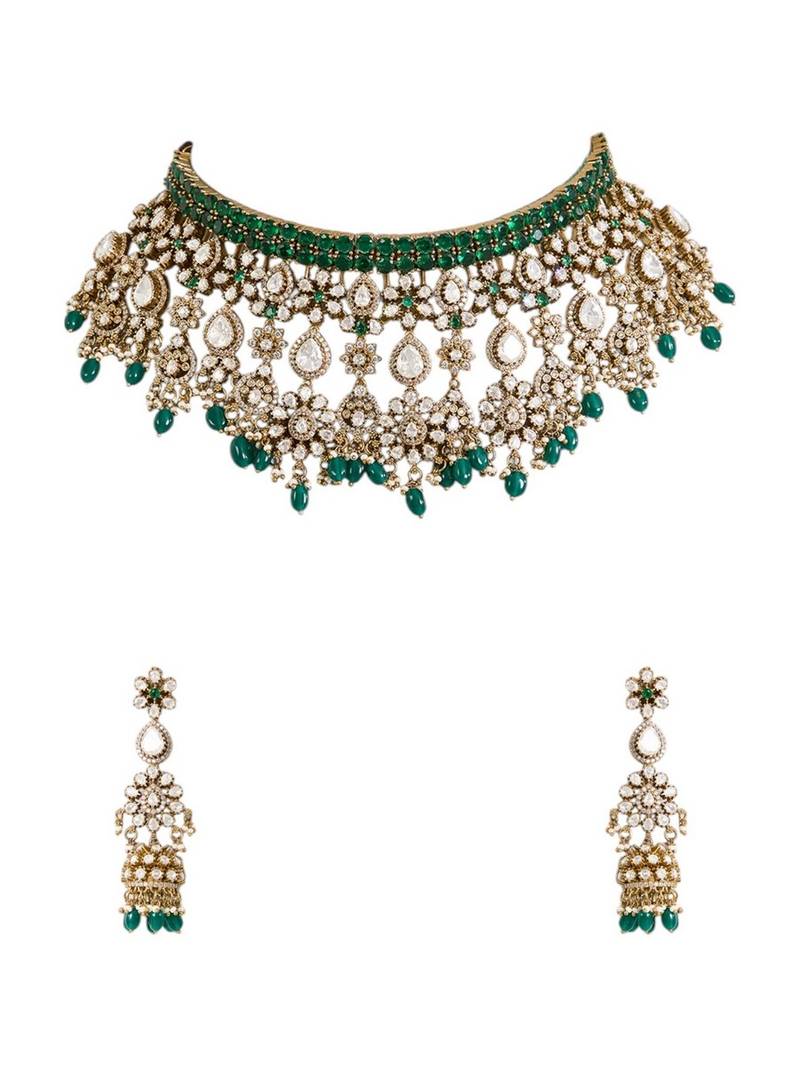 Gold plated green stone choker necklace set