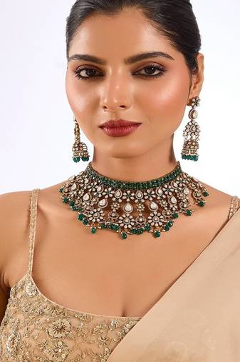 Gold plated green stone choker necklace set