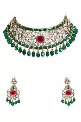 Gold plated green stone necklace set