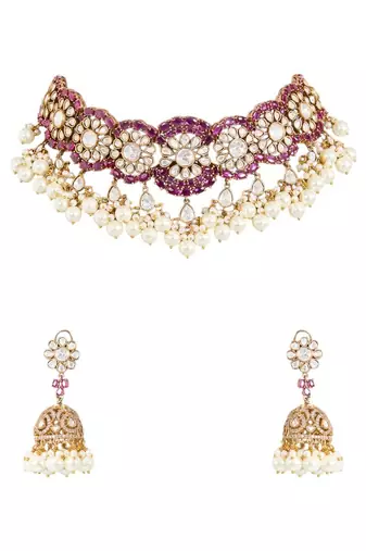 Gold plated pink stone pearl choker set