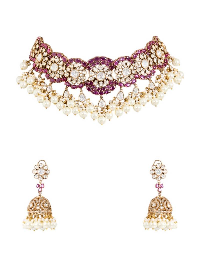 Gold plated pink stone pearl choker set