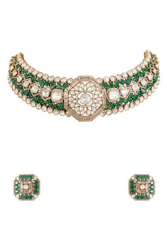 Gold plated green stone choker necklace set