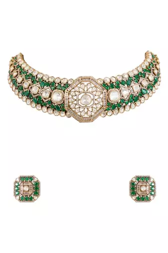 Gold plated green stone choker necklace set