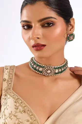Gold plated green stone choker necklace set