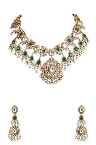 Gold plated green stone choker necklace set