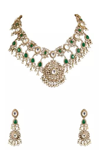Gold plated green stone choker necklace set