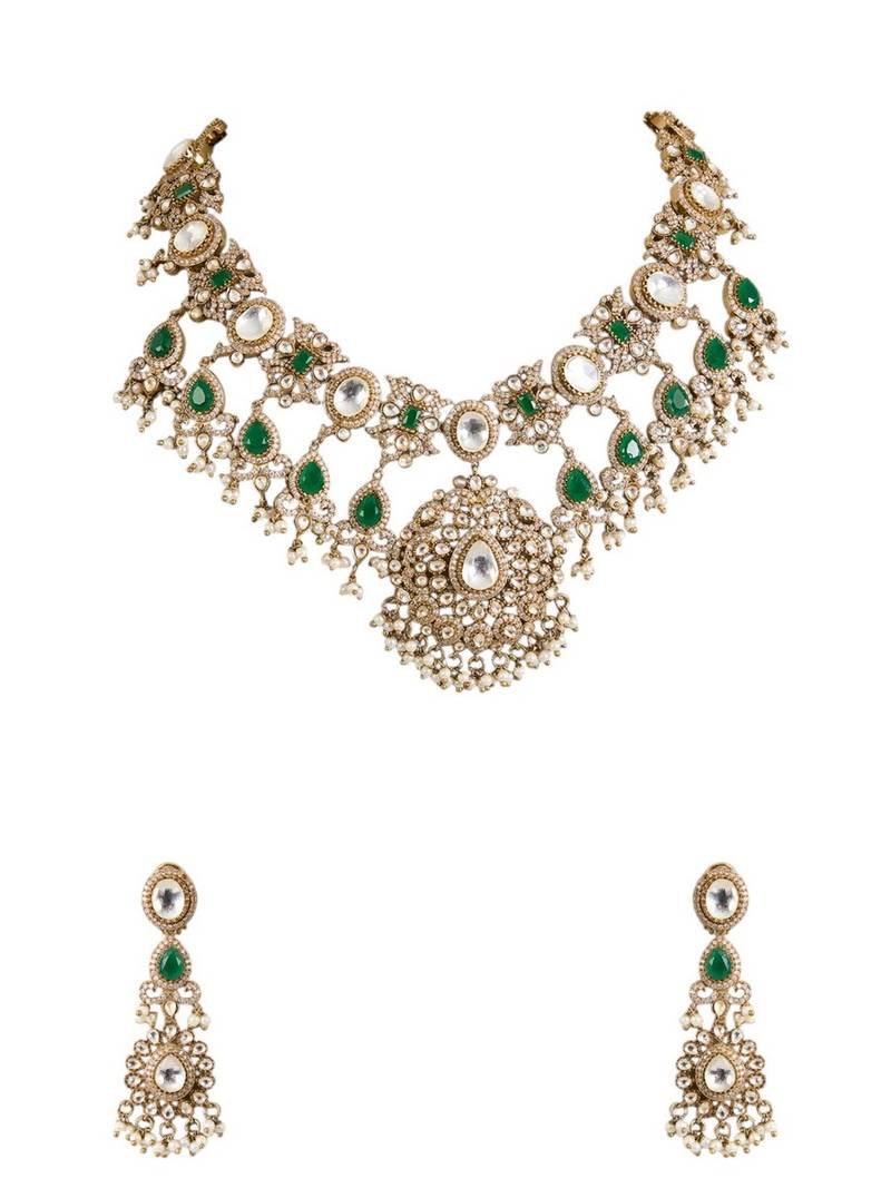 Gold plated green stone choker necklace set