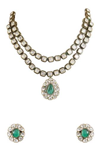 Gold plated green stone layered necklace set