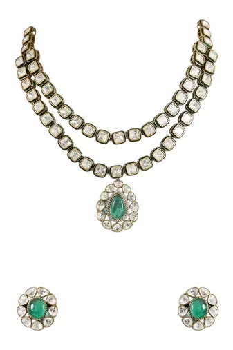 Gold plated green stone layered necklace set