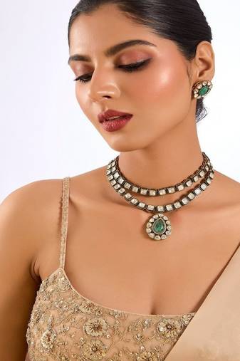 Gold plated green stone layered necklace set