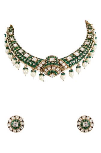 Gold plated green stone choker necklace set