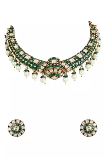 Gold plated green stone choker necklace set