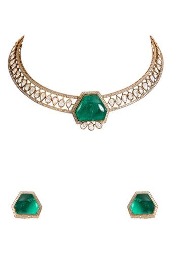Gold plated green stone choker necklace set