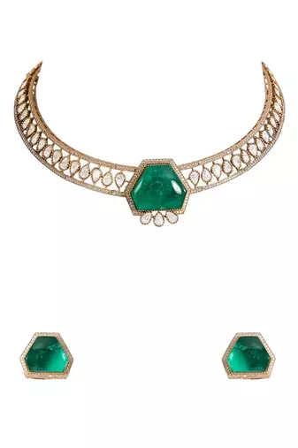 Gold plated green stone choker necklace set