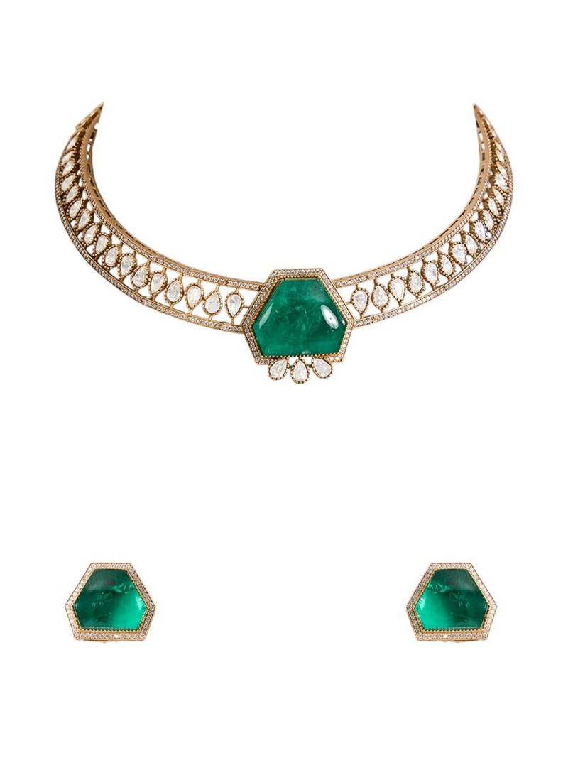 Gold plated green stone choker necklace set