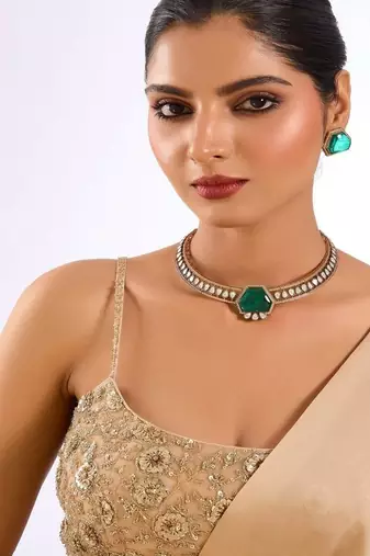 Gold plated green stone choker necklace set