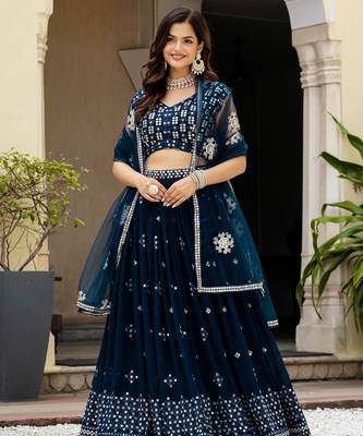 Teal Blue Georgette Zari Sequins Embroidery Work Lehenga Choli For Women 1