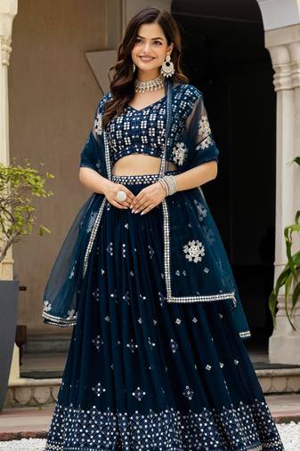 Teal Blue Georgette Zari Sequins Embroidery Work Lehenga Choli For Women