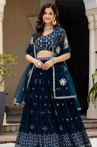 Teal Blue Georgette Zari Sequins Embroidery Work Lehenga Choli For Women