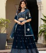 Teal Blue Georgette Zari Sequins Embroidery Work Lehenga Choli For Women