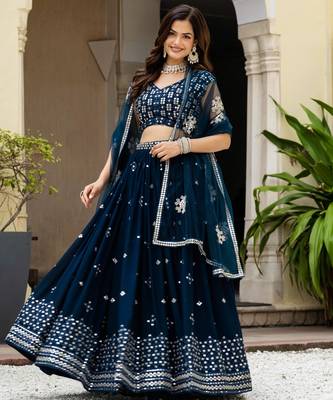 Teal Blue Georgette Zari Sequins Embroidery Work Lehenga Choli For Women 3