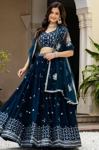 Teal Blue Georgette Zari Sequins Embroidery Work Lehenga Choli For Women