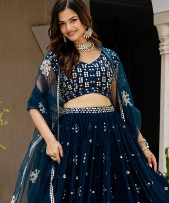 Teal Blue Georgette Zari Sequins Embroidery Work Lehenga Choli For Women 4