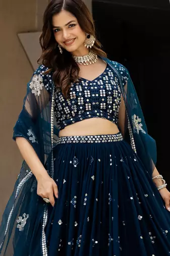 Teal Blue Georgette Zari Sequins Embroidery Work Lehenga Choli For Women
