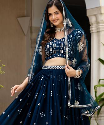 Teal Blue Georgette Zari Sequins Embroidery Work Lehenga Choli For Women 5