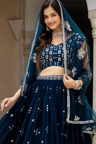 Teal Blue Georgette Zari Sequins Embroidery Work Lehenga Choli For Women