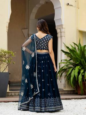 Teal Blue Georgette Zari Sequins Embroidery Work Lehenga Choli For Women 6