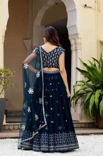 Teal Blue Georgette Zari Sequins Embroidery Work Lehenga Choli For Women