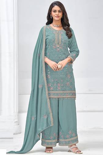 Grey vichitra silk embroidered plazzo suit
