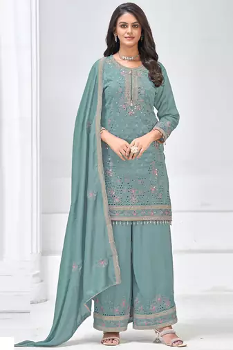 Grey vichitra silk embroidered plazzo suit