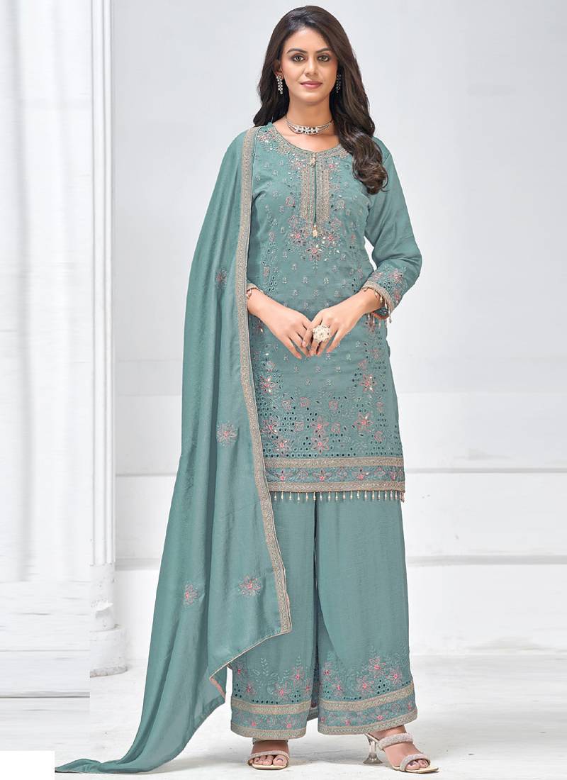Grey vichitra silk embroidered plazzo suit
