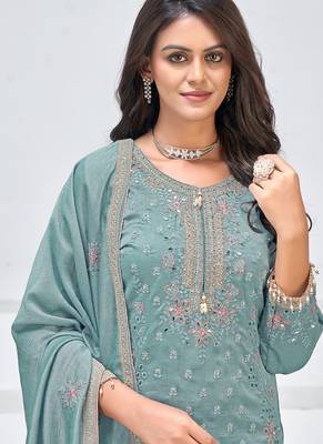 Grey vichitra silk embroidered Palazzo suit 2