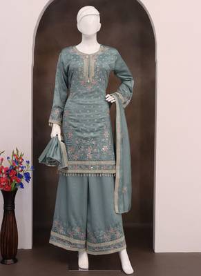 Grey vichitra silk embroidered Palazzo suit 3