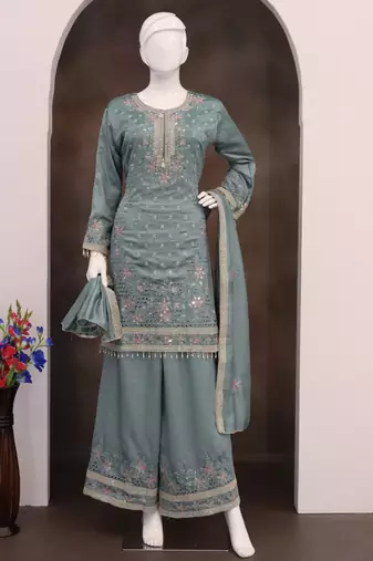 Grey vichitra silk embroidered Palazzo suit