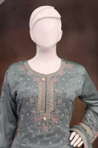 Grey vichitra silk embroidered Palazzo suit