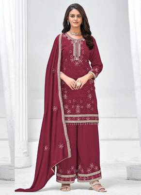 Maroon vichitra silk embroidered Palazzo suit 1
