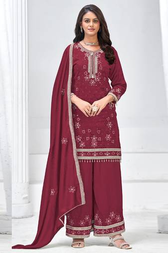 Maroon vichitra silk embroidered plazzo suit