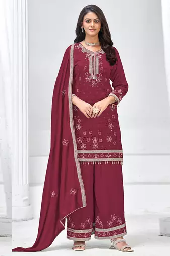Maroon vichitra silk embroidered plazzo suit
