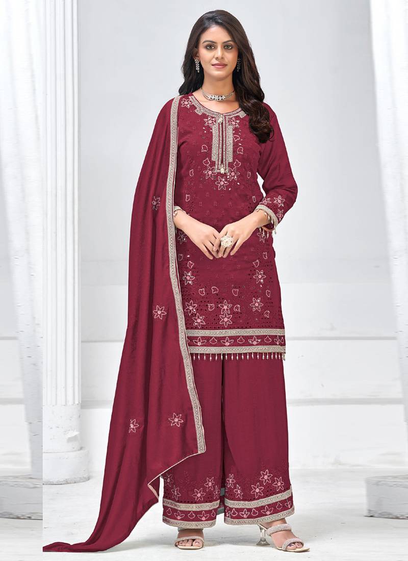 Maroon vichitra silk embroidered plazzo suit