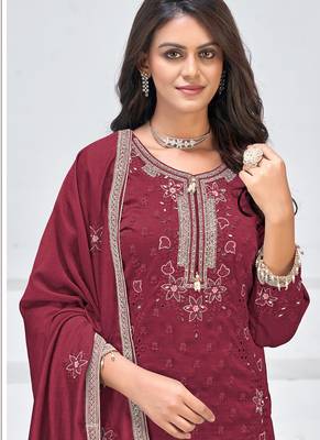 Maroon vichitra silk embroidered Palazzo suit 2