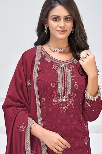 Maroon vichitra silk embroidered Palazzo suit