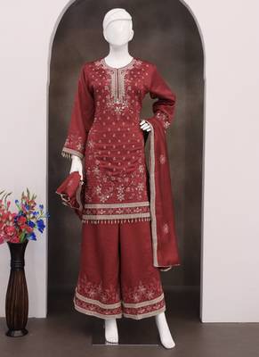 Maroon vichitra silk embroidered Palazzo suit 3