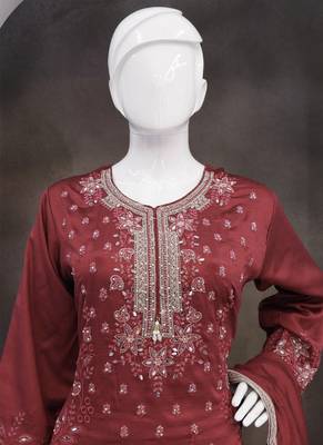 Maroon vichitra silk embroidered Palazzo suit 4