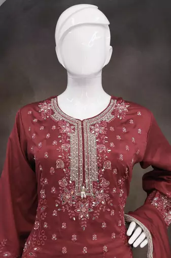 Maroon vichitra silk embroidered Palazzo suit