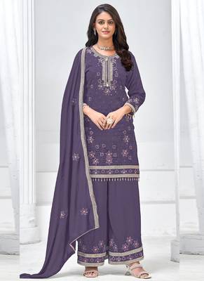 Violet vichitra silk embroidered Palazzo suit 1