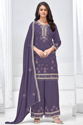Violet vichitra silk embroidered plazzo suit